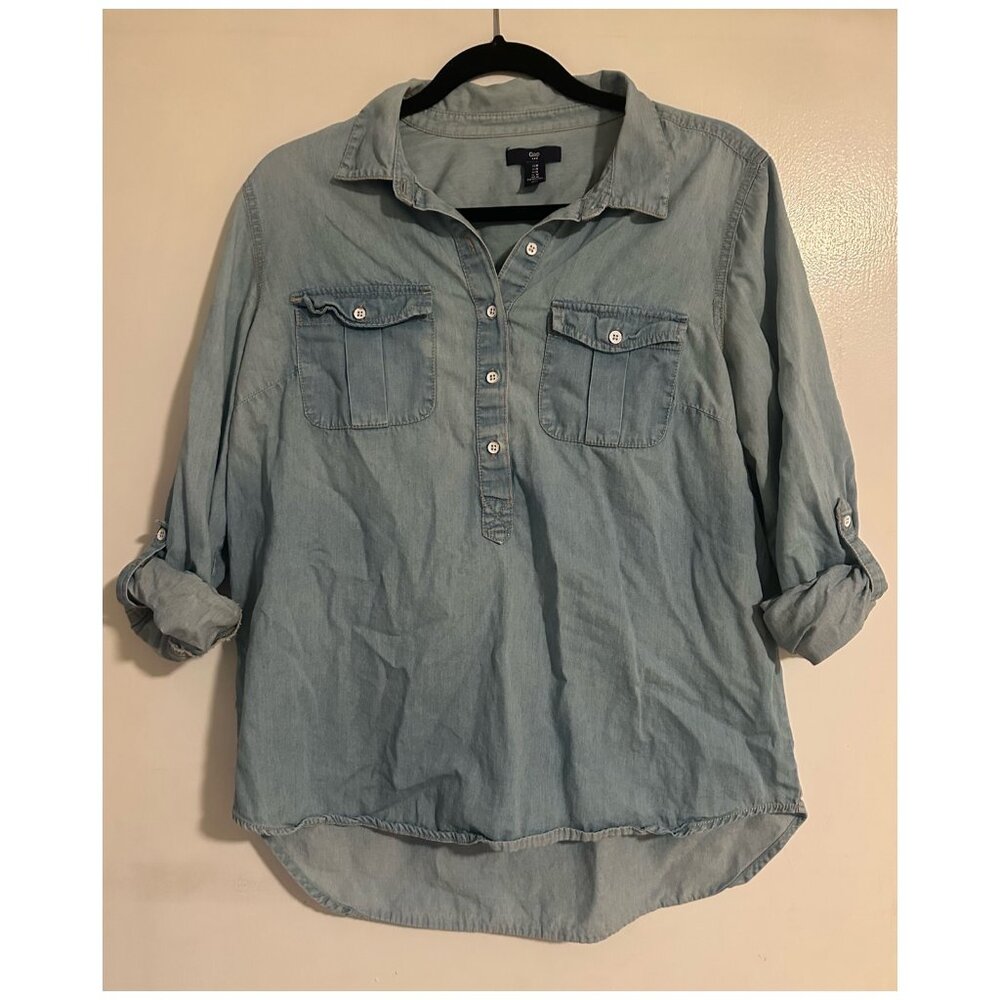 Gap Factory Roll Tab Long 3/4 Sleeve Pockets Chambray Denim Tunic Top